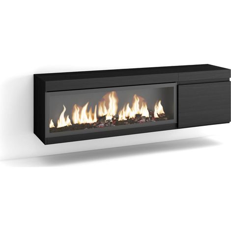 Skraut Home – Meuble TV suspendu noir avec cheminée électrique LED – Grand espace de rangement 158x35x45cm – Pour TV jusqu'à 65" – Style moderne (1/5)