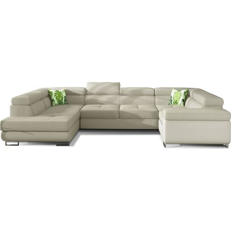 Canapé convertible panoramique TOVY tissu et simili cuir - têtières réglables-Beige clair/Beige-Coffre à gauche (1/5)