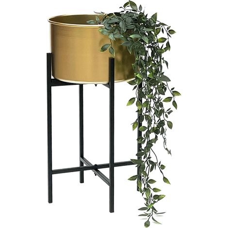 DanDiBo Blumenhocker mit Topf Gold Metall Schwarz 50 cm Blumenständer 96527 Pflanzenständer Blumensäule Modern Pflanzenhocker