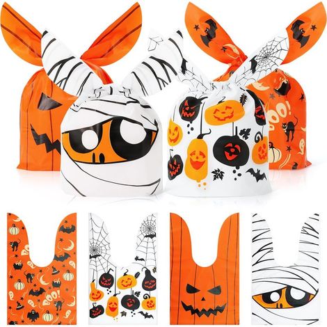200 sachets à friandises d'Halloween - 4 jolis modèles à oreilles de lapin, sachets en plastique pour enfants, pour la chasse aux bonbons, les fêtes et les cadeaux d'Halloween (1/5)