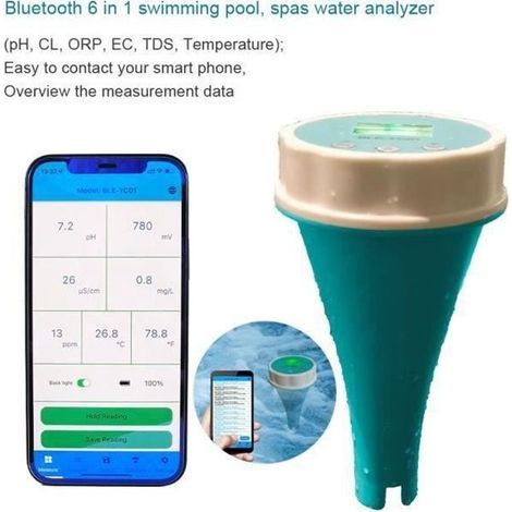 Analyseur d'eau de piscine connecté flottant - 6 en 1 - pH, chlore, EC, TDS, ORP, testeur de température