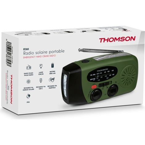 Radio Solar Thomson con Linterna de Emergencia y Función Powerbank
Especificaciones:
-Radio AM/FM
-Batería incorporada de 2000 mAh
-3 modos de carga: