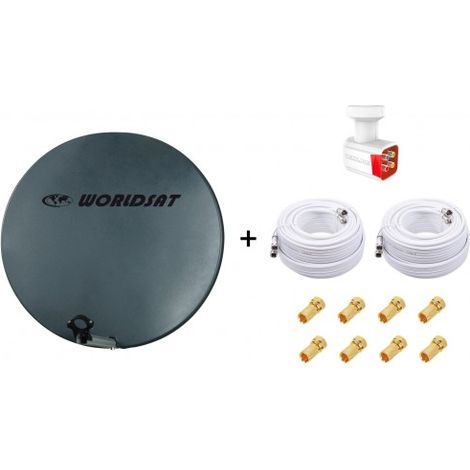 Antenne Parabole Fibre SMC 75cm Anthracite WORLDSAT + LNB Quad 0,1 dB HD 4K + 2 Câbles Coax Twin 25m + 8 Fiches F - Visserie en Inox (1/5)