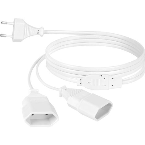 Rallonges d'alimentation,2M Câble d'extension de Prise d'extension EU 2 en 1 Fiche Plate Type C vers Prise Euro, 0,75 mm² Max. 2.5A/250V Fiche Euro vers Prise Euro pour Ordinateur, TV, PC (Blanc) (1/5)