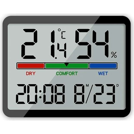 Thermomètre et hygromètre numérique d'intérieur - Horloge/mesure de température/humidité avec indicateur de confort, fixation murale/magnétique/de bureau (noir) (1/5)