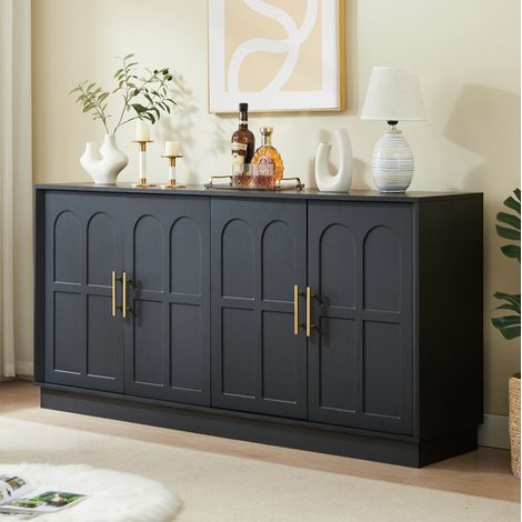 Credenza 169x40x80 cm nera in MDF con ante curve, ripiani regolabili, protezione antiribaltamento e facile da pulire (1/5)