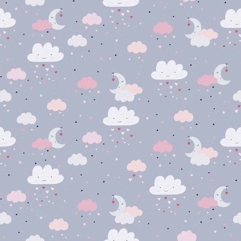 Papiers peints rose, violet motif lune pour chambre fille | Papier peint enfant gris intissé motif nuage | Tapisserie grise idéale pour chambre bébé - 10,05 x 0,53 m (1/5)
