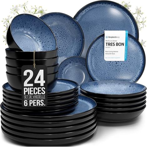 Service de table 24 pièces pour 6 personnes – Service de table en grès pour 6 personnes – Passe au lave-vaisselle et au micro-ondes – Service pour 6 Bleu Profond (1/2)