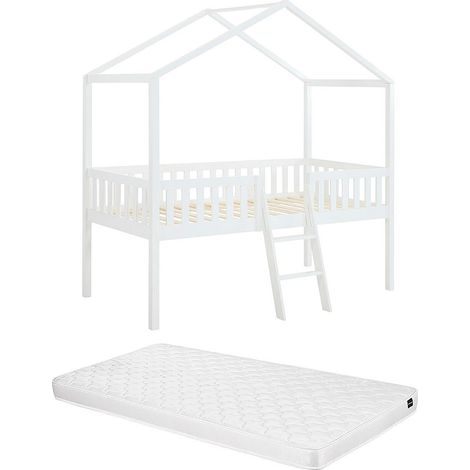 Letto casetta mezza altezza 90 x 190 cm - Pino - Bianco + Materasso - NALENY
