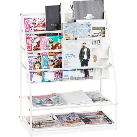 Relaxdays Metal Magazine Rack, HBT: 81 x 67 x 37 cm, Magazine Organiser, Free Standing Magazine Stand, White