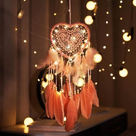 Acchiappasogni con piume, acchiappasogni luminoso fatto a mano, acchiappasogni romantico retrò per decorazione mobile (rosa) (1/5)