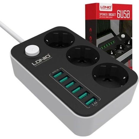 Multiprise USB avec protection contre les surtensions — 3 prises + 6 ports USB, câble d'alimentation de 1,6 m (1/4)