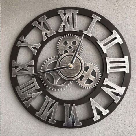 Grande orologio da parete 3D silenzioso in stile retrò, realizzato in legno con ingranaggi, numeri romani e decorazioni industriali steampunk europee, colore argento, 40 x 40 cm.