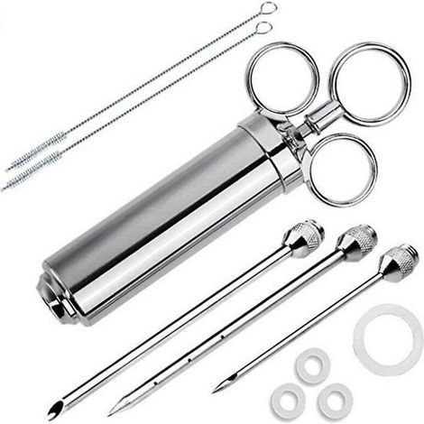 Seringue à marinade en acier inoxydable de 60 ml avec 3 aiguilles à rôtir, injecteur alimentaire pour injecter de la confiture de saumure de sauce barbecue dans du bœuf grillé, de la dinde, du poulet (1/5)