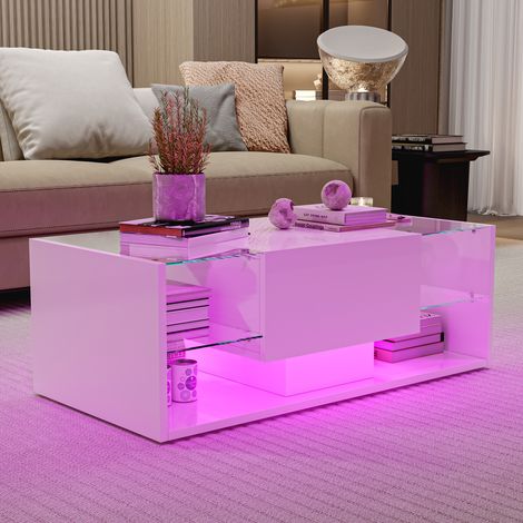 Table basse suspendue LED blanche – verre trempé brillant, double rangement, éclairage app/télécommande, style nordique (1/5)