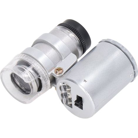 Microscopio de bolsillo con aumento de 60x, enfoque ajustable e iluminación LED para observación. (1/5)