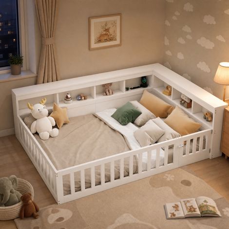 DESMIU Lit Banquette 140 × 190 cm 1 place avec prise, USB, rangement et barrière, sans matelas, blanc (1/5)