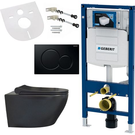 Spülrandloses Hänge-WC mit Softclose Sitz, Schallschutz und schwarzer Betätigungsplatte passend für Geberit Vorwandelement (1/5)