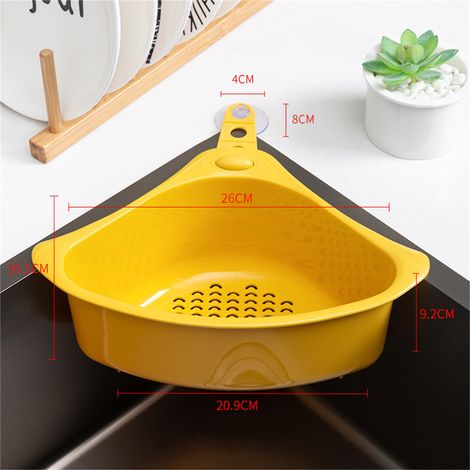 Panier de vidange triangulaire de cuisine jaune, panier filtrant d'évier d'angle stable et facile à égoutter pour cuisine (1/2)