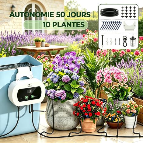 Kit d'irrigation automatique à goutte à goutte 300 programmes de temporisation, 10 pointes d'arrosage, alimentation USB, système d'arrosage pour balcon, plantes d'intérieur et jardin