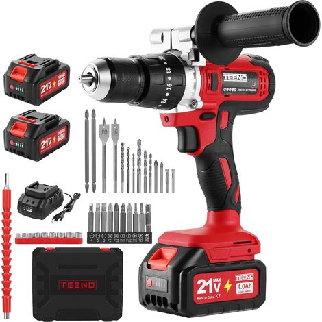 Teeno – Perceuse-visseuse sans fil 21V 90Nm avec 2 batteries 4.0Ah – Moteur en cuivre pur – 20+3 réglages de couple – Mandrin 13mm – Éclairage LED