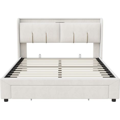 Tanant – Lit coffre 140x190 cm en tissu velours beige – Avec ports USB et Type-C – Tiroir de rangement – Tête de lit éclairée LED – Sommier à lattes