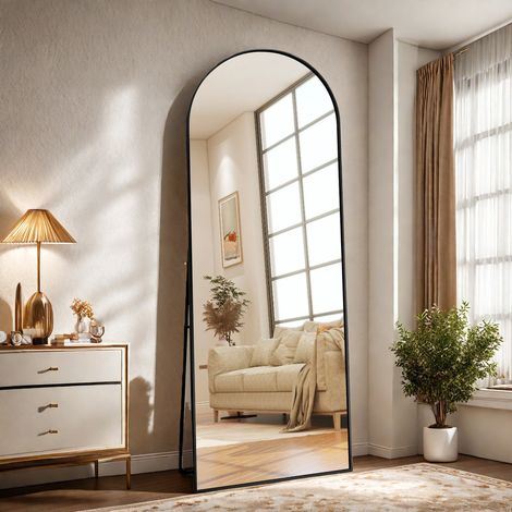 Miroir sur pied 164 x 54 - Miroir pleine longueur arqué - Grand miroir de dressing - Peut être fixé au mur - Cadre aluminium étroit - Noir moderne - Salon/Chambre (1/5)