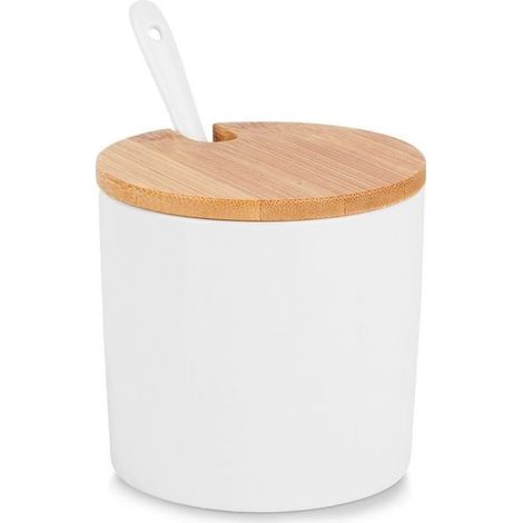 Sucrier in ceramic - Set with spoon - Design modern - cover in bambou - 250 ml - White (1/5)