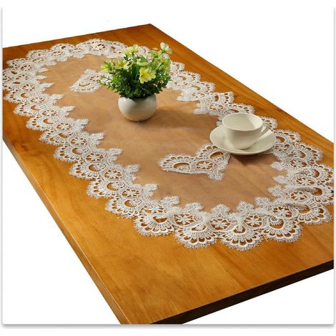 Chemin de table ovale avec dentelle, 70x130cm, Blanc, Nappe brodée