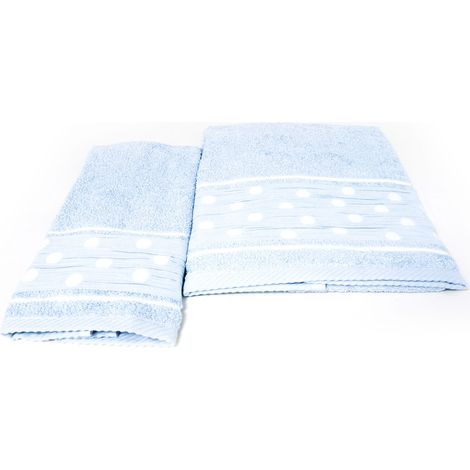 Set Asciugamano Copiola Salvietta Bagno In Spugna 100% Cotone Mod Pois Azzurro (1/4)