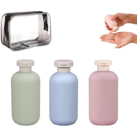 Lot de 3 flacons de voyage en silicone de 100 ml – Flacons étanches avec trousse de toilette – Flacons rechargeables pour shampoing et lotion, format bagage cabine, conformes aux normes TSA – Compacts (1/5)