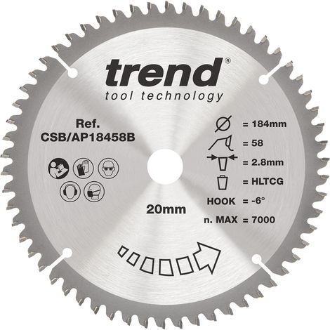 Lame scie circulaire alu/plastique 184 mm, 58 dents, alésage 20 mm (1/5)