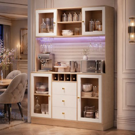 Credenza alta 140x40x185,7 cm in MDF e vetro bianco con LED salvaspazio – MEUBLIV (1/5)