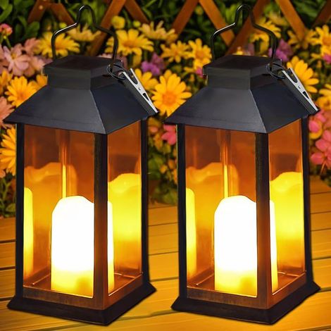 BelleRise - Lanterne Solaire Exterieur, 2 Pièces Suspension Lampe Solaire avec Bougie LED Flamme Vacillante - Noir [Classe énergétique A+++] (1/5)