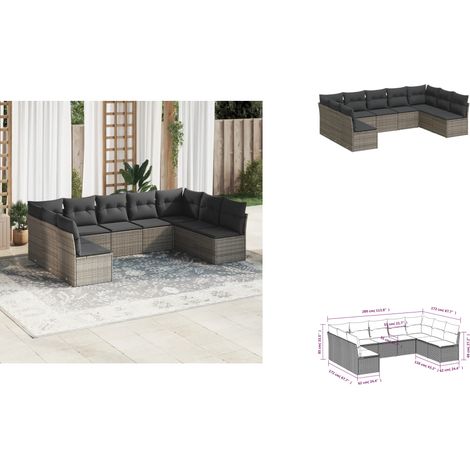 Salon de jardin 9 pcs avec coussins gris résine tressée - Salon De Jardin - Mobilier Extérieur - Résine Tressée - Set Salon - Chaise Longue (1/3)