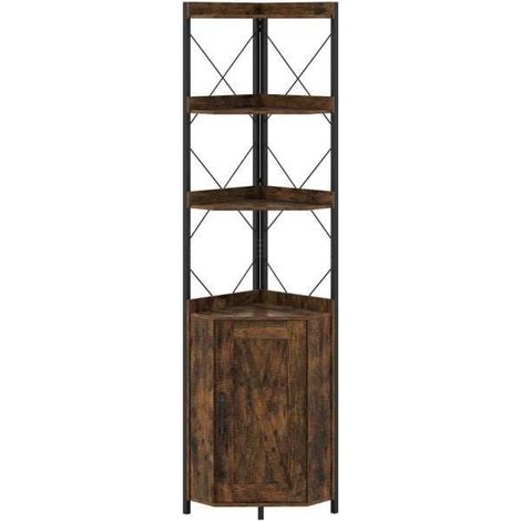 Meuble d'angle marron 180 cm à 5 étagères en métal avec garde-corps et 2 kits anti-basculement pour salon cuisine et chambre (1/5)