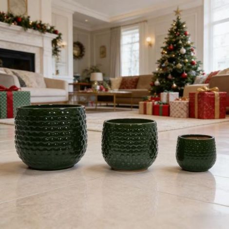 Lot de 3 jardinières artisanales en terre cuite vernissée (Ø 23/17/12 cm), teinte vert émeraude brillante, surface granuleuse, poreuses, anti-gel, avec évacuation d'eau, idéales pour terrasse et extér (1/5)