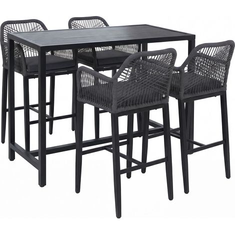 Ensemble table de bar + 4 tabourets de bar HHG-294, chaise de bar, table haute, coussin d'assise d'extérieur, tressage en corde, métal, anthracite (1/5)
