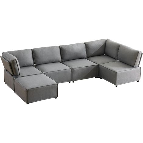 Sofá esquinero modular de lino gris claro HOMVRA, 6 módulos, 308 x 152 x 77 cm (1/5)