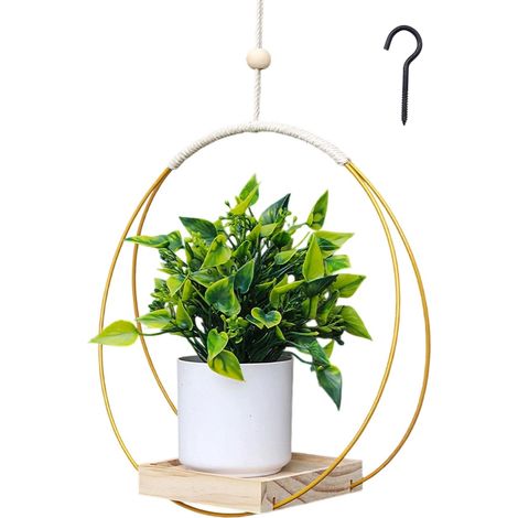 11.81  11.81inch Pot de Fleur Suspendu avec Crochets Assortis Pot Suspendu Plante Interieur avec Base en Bois Jardiniere Suspendue Peut être Accroché au Plafond au Balcon en Plein（Or） (1/5)