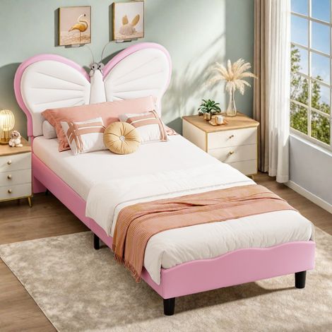 Lit simple enfant 90 x 200 cm avec Éclairage LED de Lecture - Sommier à lattes - Tête de Lit Papillon Réglable - PU - Style scandinave rose