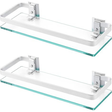 Etagere Salle de Bain Verre Tablette Murale Aluminium 8mm-Épais Verre Trempé Rectangulaire Argent 2 Pièces, A4126A-P2 (1/5)