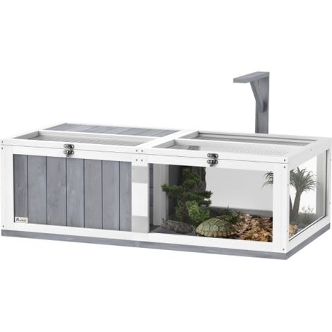 Light Grey Wooden Tortoise House with Lamp Holder, Clear Windows, Openable Tops and Built-In Tray for Tortoise Care (1/5)