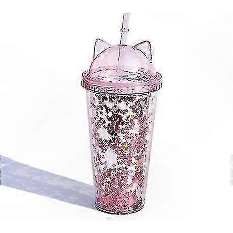 Gobelet à paillette à oreilles de chat, 420 ml, double paroi, sans BPA, réutilisable, rose. (1/3)