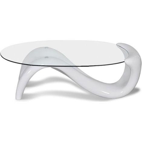Designetsamaison – Table basse fixe blanche 125x70cm – Verre trempé 1cm – Courbures design – Pour salon moderne