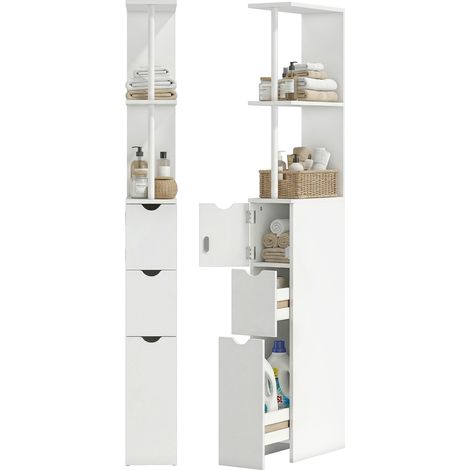 Badezimmerschrank mit Schubladen und offenen Regalen, 15 x 33 x 136,8 cm, weiß