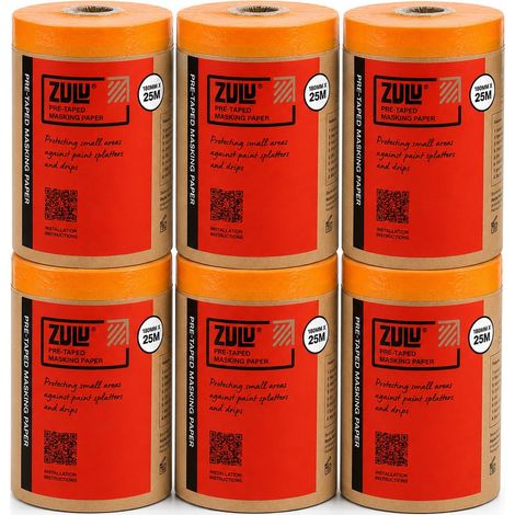 Zulu Pre-Taped Masking Paper 180mm x 25m - Heavy Duty with Adhesive Tape Paint Protection for Decorating Painting DIY, 6 Pack
