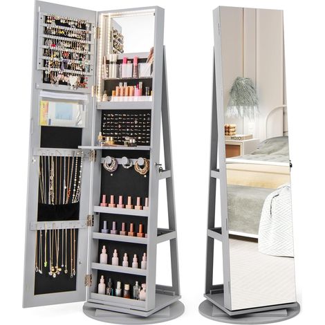 COSTWAY Armadietto Portagioie Girevole a 360°, Specchio Portagioie con Luci LED a 3 Colori, Organizatore da Terra per Gioielli, Con 3 Ripiani e Serratura, 161 x 54,5 x 54,5cm (Grigio) (1/5)