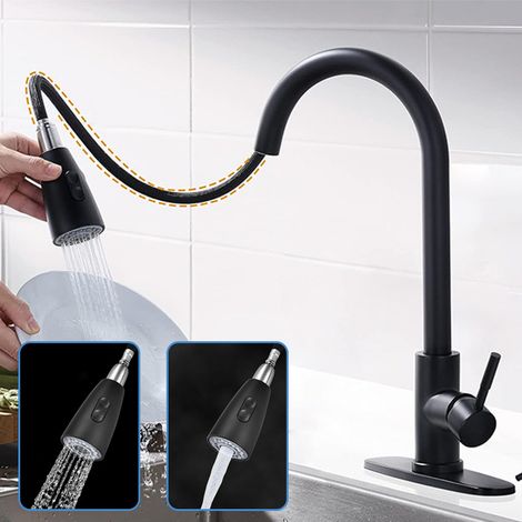 Badezimmerarmatur, schwarze Badezimmerarmatur, Küchenarmatur (schwarz, mit Handbrause), ausziehbare Küchenarmatur.