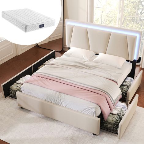 Lit avec tiroirs 160x200 LED tête réglable beige HAVRYA (1/5)